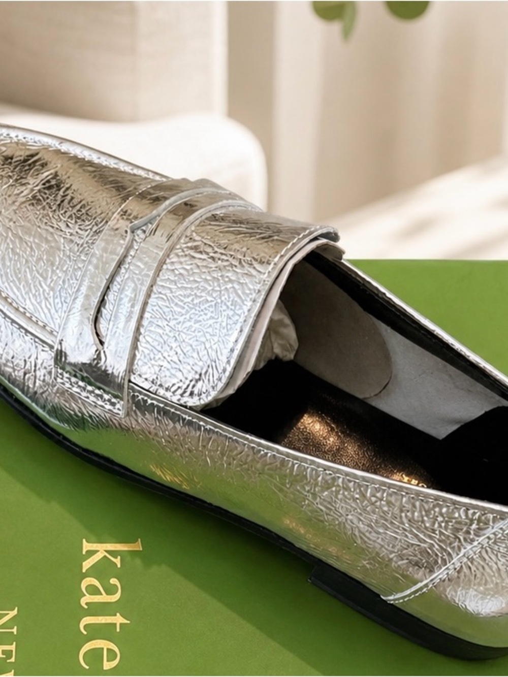 kate spade Metallic Silver Penny Loafers